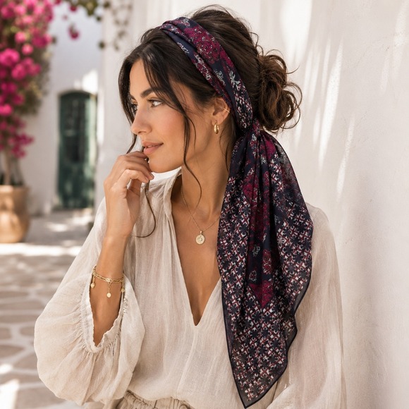 Vince Camuto Accessories - Vince Camuto Boho Floral Geometric Scarf Womens Navy Burgundy Hair‎ Wrap  Chic